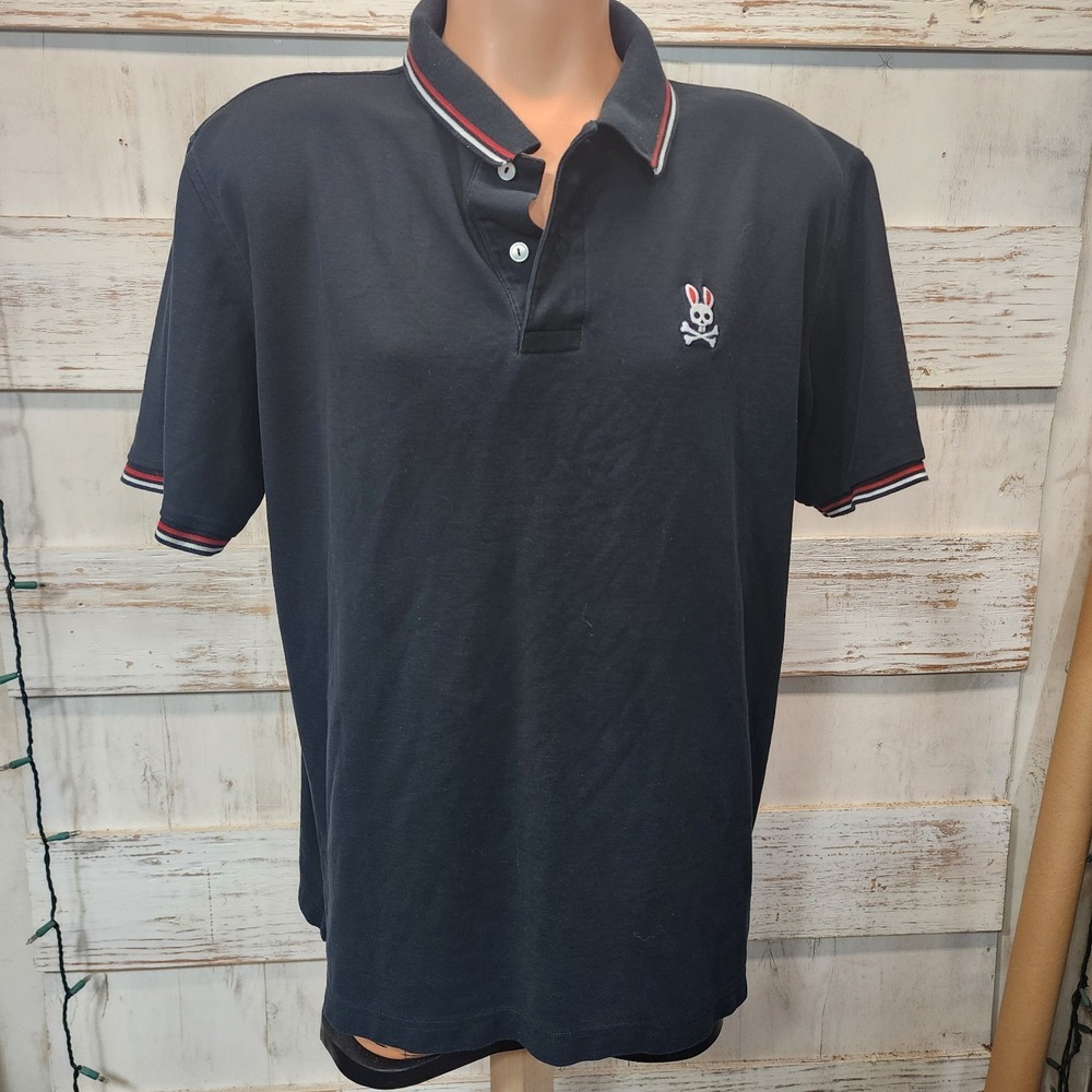 Psycho Bunny Black Polo Shirt Red Tipped  A21 Collar Size 8